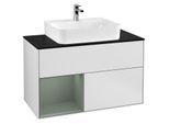Villeroy und Boch Finion Waschtischunterschrank F112GMMT 100cm, Abdeckplatte white matt, Regal links Olive Matt Lacquer, White matt lacquer