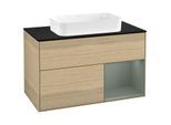 Villeroy und Boch Finion Waschtischunterschrank F252GMPC 100x60,3cm, Abdeckplatte black matt, Regal rechts Olive Matt Lacquer, Oak Veneer