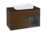 Villeroy und Boch Finion Waschtischunterschrank G252HGGN 100cm, Abdeckplatte black matt, Emotion, Regal rechts Midnight Blue Matt Lacquer, Walnut veneer