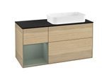 Villeroy und Boch Finion Waschtischunterschrank G272GMPC 120cm, Abdeckplatte black matt, Emotion, Regal links Olive Matt Lacquer, Oak Veneer