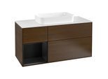 Villeroy und Boch Finion Waschtischunterschrank F291PDGN 120cm, Abdeckplatte white matt, Regal links Black matt lacquer, Walnut veneer