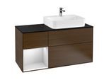 Villeroy und Boch Finion Waschtischunterschrank F142MTGN 120cm, Abdeckplatte Glass Black Matt, Regal links White matt lacquer, Walnut veneer