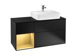Villeroy und Boch Finion Waschtischunterschrank F142HFPD 120cm, Abdeckplatte Glass Black Matt, Regal links Gold matt, Black matt lacquer