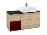 Villeroy und Boch Finion Waschtischunterschrank F142HBPC 120cm, Abdeckplatte Glass Black Matt, Regal links Peony, Oak Veneer