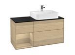 Villeroy und Boch Finion Waschtischunterschrank F142PCPC 120cm, Abdeckplatte Glass Black Matt, Regal links Oak Veneer, Oak Veneer