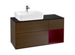 Villeroy und Boch Finion Waschtischunterschrank G152HBGN 120cm, Abdeckplatte black matt, Emotion, Regal links Peony, Walnut veneer