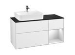 Villeroy und Boch Finion Waschtischunterschrank F152MTGF 120cm, Abdeckplatte black matt, Regal rechts White matt lacquer, Glossy white lacquer