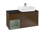 Villeroy und Boch Finion Waschtischunterschrank G142GMGN 120cm, Abdeckplatte black matt, Emotion, Regal links Olive Matt Lacquer, Walnut veneer