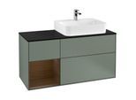 Villeroy und Boch Finion Waschtischunterschrank G142GNGM 120cm, Abdeckplatte black matt, Emotion, Regal links Walnut veneer, Olive Matt Lacquer