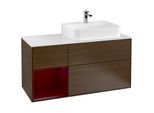 Villeroy und Boch Finion Waschtischunterschrank F141HBGN 120cm, Abdeckplatte glass white Matt, Regal links Peony, Walnut veneer