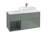Villeroy und Boch Finion Waschtischunterschrank F141HGGM 120cm, Abdeckplatte glass white Matt, Regal links Midnight Blue Matt Lacquer, Olive Matt Lacquer