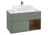 Villeroy und Boch Finion Waschtischunterschrank G121GNGM 100cm, Abdeckplatte white matt, Emotion, Regal rechts Walnut veneer, Olive Matt Lacquer