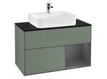 Villeroy und Boch Finion Waschtischunterschrank F122GKGM 100cm, Abdeckplatte black matt, Regal rechts Anthracite matt, Olive Matt Lacquer