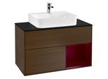 Villeroy und Boch Finion Waschtischunterschrank F122HBGN 100cm, Abdeckplatte black matt, Regal rechts Peony, Walnut veneer