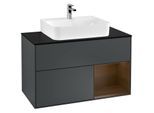 Villeroy und Boch Finion Waschtischunterschrank F122GNHG 100cm, Abdeckplatte black matt, Regal rechts Walnut veneer, Midnight Blue Matt Lacquer