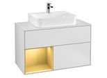 Villeroy und Boch Finion Waschtischunterschrank G111HFMT 100cm, Abdeckplatte white matt, Emotion, Regal links Gold matt, White matt lacquer