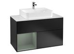 Villeroy und Boch Finion Waschtischunterschrank G111GMPD 100cm, Abdeckplatte white matt, Emotion, Regal links Olive Matt Lacquer, Black matt lacquer