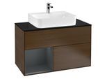 Villeroy und Boch Finion Waschtischunterschrank G112HGGN 100cm, Abdeckplatte black matt, Emotion, Regal links Midnight Blue Matt Lacquer, Walnut veneer
