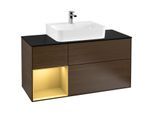 Villeroy und Boch Finion Waschtischunterschrank G162HFGN 120cm, Abdeckplatte black matt, Emotion, Regal links Gold matt, Walnut veneer