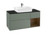 Villeroy und Boch Finion Waschtischunterschrank F172GNGM 120cm, Abdeckplatte black matt, Regal rechts Walnut veneer, Olive Matt Lacquer