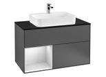 Villeroy und Boch Finion Waschtischunterschrank F362MTGK 100cm, Abdeckplatte black matt, Regal links White matt lacquer, Anthracite matt