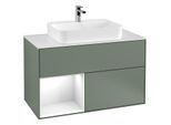 Villeroy und Boch Finion Waschtischunterschrank G361GFGM 100cm, Abdeckplatte white matt, Emotion, Regal links Glossy white lacquer, Olive Matt Lacquer