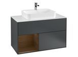Villeroy und Boch Finion Waschtischunterschrank G361GNHG 100cm, Abdeckplatte white matt, Emotion, Regal links Walnut veneer, Midnight Blue Matt Lacquer