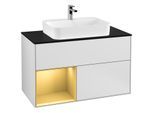 Villeroy und Boch Finion Waschtischunterschrank F362HFMT 100cm, Abdeckplatte black matt, Regal links Gold matt, White matt lacquer