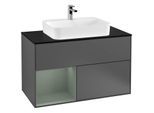 Villeroy und Boch Finion Waschtischunterschrank F362GMGK 100cm, Abdeckplatte black matt, Regal links Olive Matt Lacquer, Anthracite matt