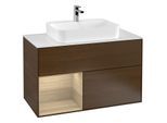 Villeroy und Boch Finion Waschtischunterschrank F361PCGN 100cm, Abdeckplatte white matt, Regal links Oak Veneer, Walnut veneer