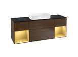 Villeroy und Boch Finion Waschtischunterschrank F332HFGN 160x60,3cm, Abdeckplatte black matt, Regale Gold matt lacquer, Walnut veneer