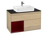Villeroy und Boch Finion Waschtischunterschrank G362HBPC 100cm, Abdeckplatte black matt, Emotion, Regal links Peony, Oak Veneer