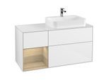 Villeroy und Boch Finion Waschtischunterschrank F391PCGF 120cm, Abdeckplatte white matt, Regal links Oak Veneer, Glossy white lacquer