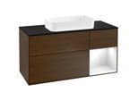 Villeroy und Boch Finion Waschtischunterschrank F302GFGN 120cm, Abdeckplatte black matt, Regal rechts Glossy white lacquer, Walnut veneer