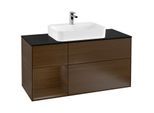 Villeroy und Boch Finion Waschtischunterschrank F412GNGN 120cm, Abdeckplatte black matt, Regal links Walnut veneer, Walnut veneer