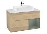 Villeroy und Boch Finion Waschtischunterschrank G371GMPC 100cm, Abdeckplatte white matt, Emotion, Regal rechts Olive Matt Lacquer, Oak Veneer
