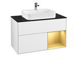 Villeroy und Boch Finion Waschtischunterschrank G372HFGF 100cm, Abdeckplatte black matt, Emotion, Regal rechts Gold matt, Glossy white lacquer