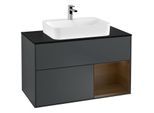 Villeroy und Boch Finion Waschtischunterschrank F372GNHG 100cm, Abdeckplatte black matt, Regal rechts Walnut veneer, Midnight Blue Matt Lacquer
