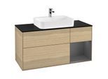 Villeroy und Boch Finion Waschtischunterschrank F422GKPC 120cm, Abdeckplatte black matt, Regal rechts Anthracite matt, Oak Veneer