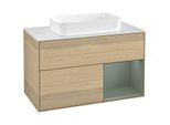 Villeroy und Boch Finion Waschtischunterschrank F251GMPC 100x60,3cm, Abdeckplatte white matt, Regal rechts Olive Matt Lacquer, Oak Veneer