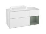 Villeroy und Boch Finion Waschtischunterschrank F281GMGF 120cm, Abdeckplatte white matt, Regal rechts Olive Matt Lacquer, Glossy white lacquer