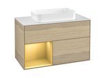 Villeroy und Boch Finion Waschtischunterschrank F241HFPC 100x60,3cm, Abdeckplatte white matt, Regal links Gold matt, Oak Veneer