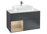 Villeroy und Boch Finion Waschtischunterschrank F111PCHG 100cm, Abdeckplatte black matt, Regal links Oak Veneer, Midnight Blue Matt Lacquer
