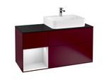 Villeroy und Boch Finion Waschtischunterschrank F142MTHB 120cm, Abdeckplatte Glass Black Matt, Regal links White matt lacquer, Peony Matt