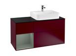 Villeroy und Boch Finion Waschtischunterschrank F142GMHB 120cm, Abdeckplatte Glass Black Matt, Regal links Olive Matt Lacquer, Peony Matt