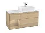Villeroy und Boch Finion Waschtischunterschrank F141PCPC 120cm, Abdeckplatte glass white Matt, Regal links Oak Veneer, Oak Veneer
