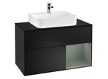 Villeroy und Boch Finion Waschtischunterschrank G122GMPD 100cm, Abdeckplatte black matt, Emotion, Regal rechts Olive Matt Lacquer, Black matt lacquer