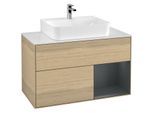 Villeroy und Boch Finion Waschtischunterschrank F121HGPC 100cm, Abdeckplatte weiß matt, Regal rechts Midnight Blue Matt Lacquer, Oak Veneer