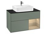 Villeroy und Boch Finion Waschtischunterschrank F122PCGM 100cm, Abdeckplatte black matt, Regal rechts Oak Veneer, Olive Matt Lacquer