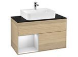 Villeroy und Boch Finion Waschtischunterschrank G112MTPC 100cm, Abdeckplatte black matt, Emotion, Regal links White matt lacquer, Oak Veneer